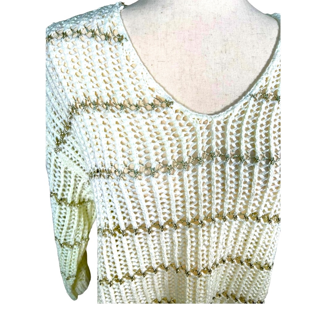 NWT Chico’s Off White 3/4 sleeve open weave sweater with metallic stripe//Size 1 - Picture 3 of 7